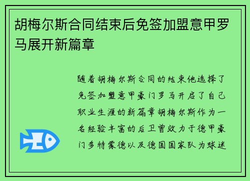 胡梅尔斯合同结束后免签加盟意甲罗马展开新篇章